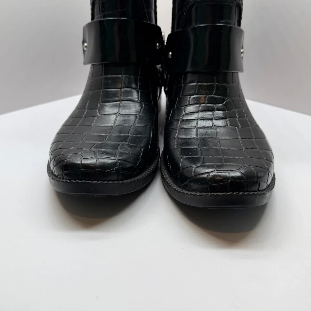 Michael Kors Black Croc Embossed Rain Boots Harness MK Logo‎ Womens 7